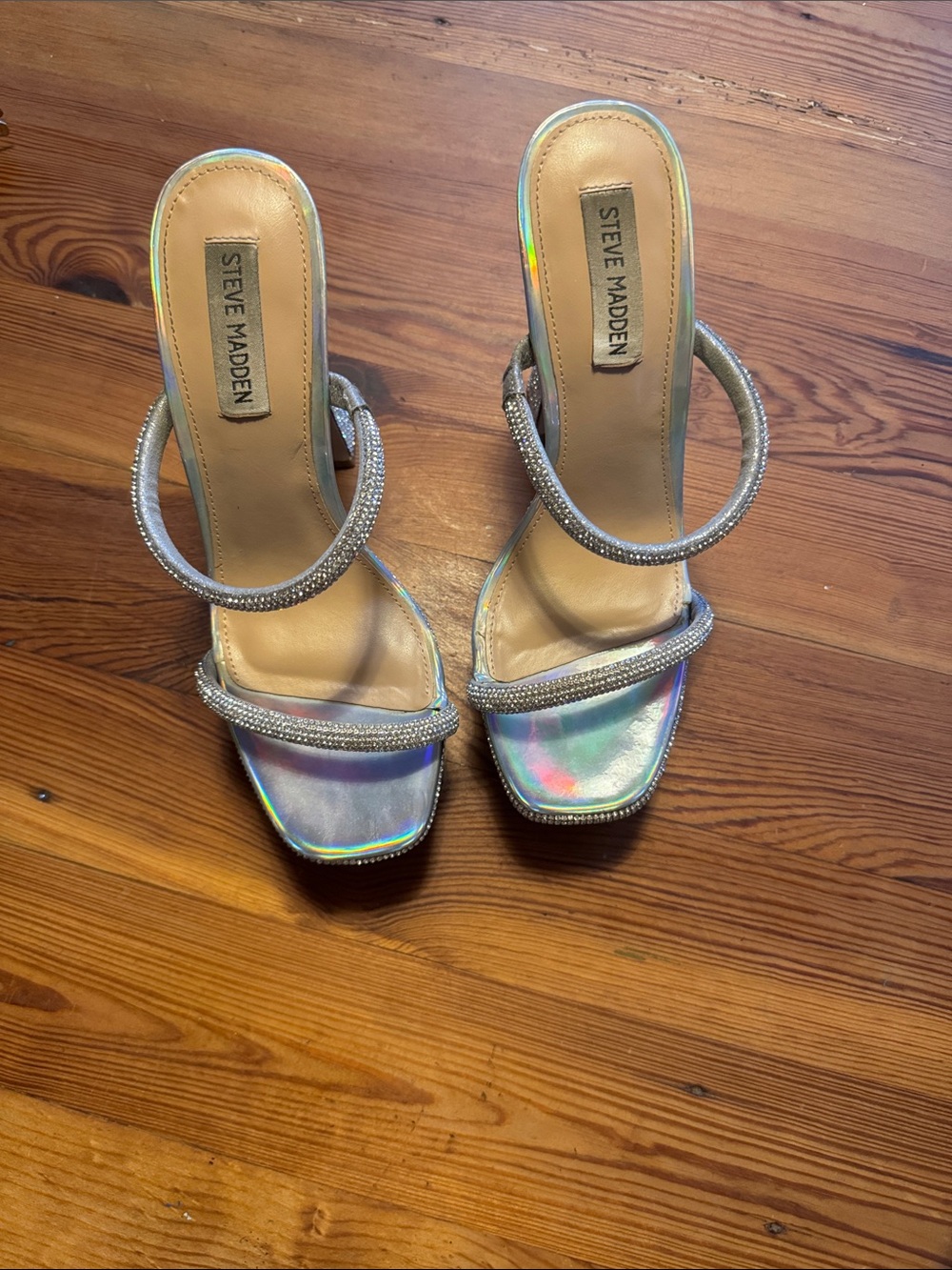 Steve Madden Iridescent Holographic Strappy Heels with Rhinestone Bands 8